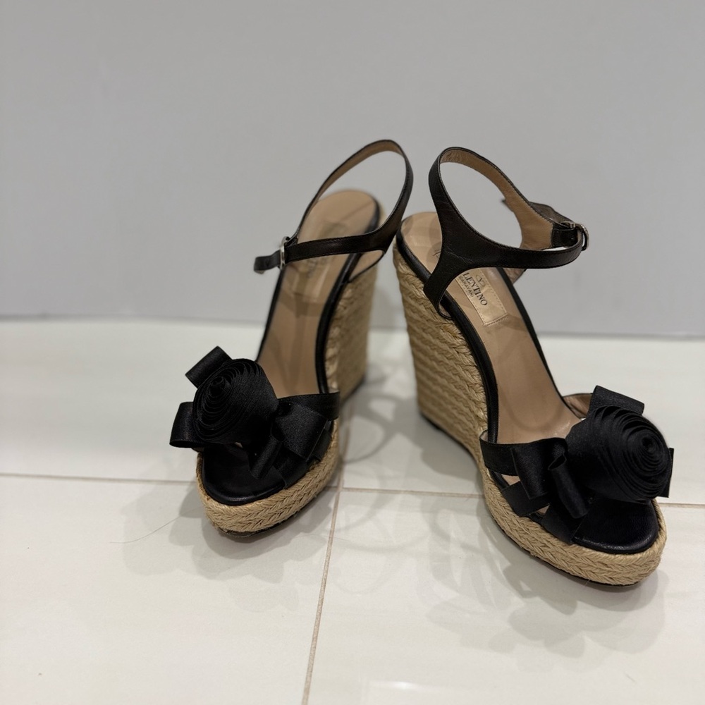 Valentino Garavani Black and Tan Espadrille Wedges